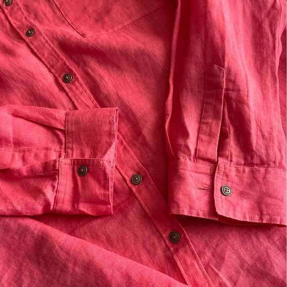 Karyn Seo Boho Tunic Handmade 100% Linen Shirt Large Coral Buttons Floral Back - Picture 6 of 10